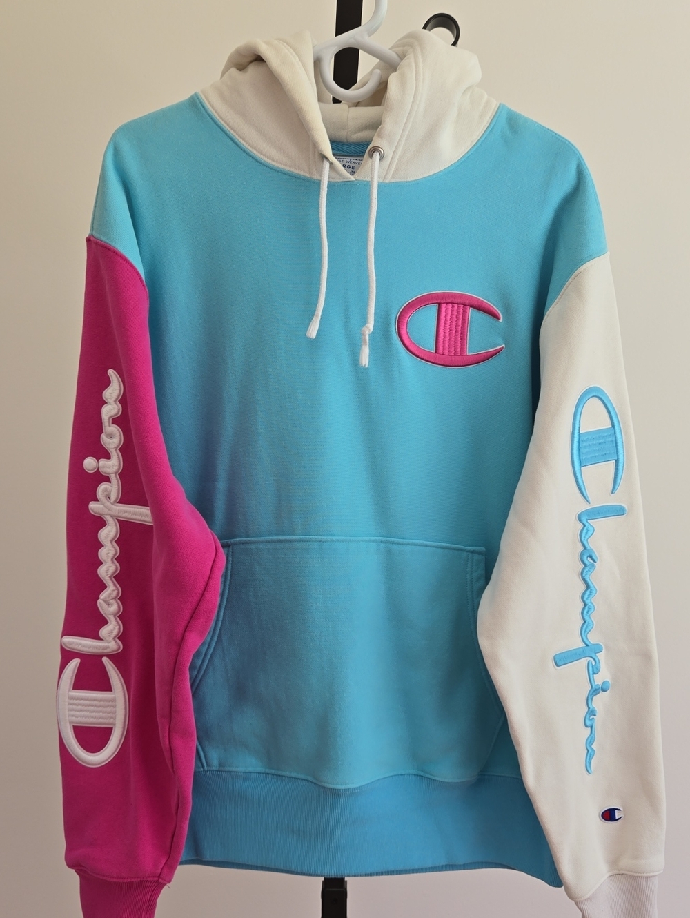 Champion Colorblock Pullover Hoodie in Turquoise, Pink & White
